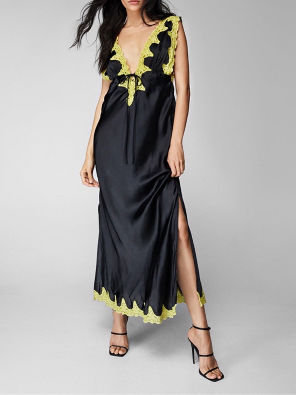 Nasty Gal Satin Lace-Trim Maxi Slip Dress - Black with Yellow Trim